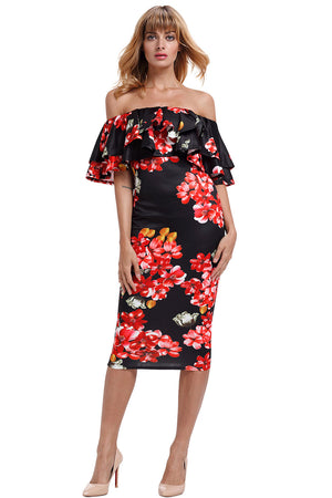 Black Red Floral Layered Ruffle Off Shoulder Midi Dress