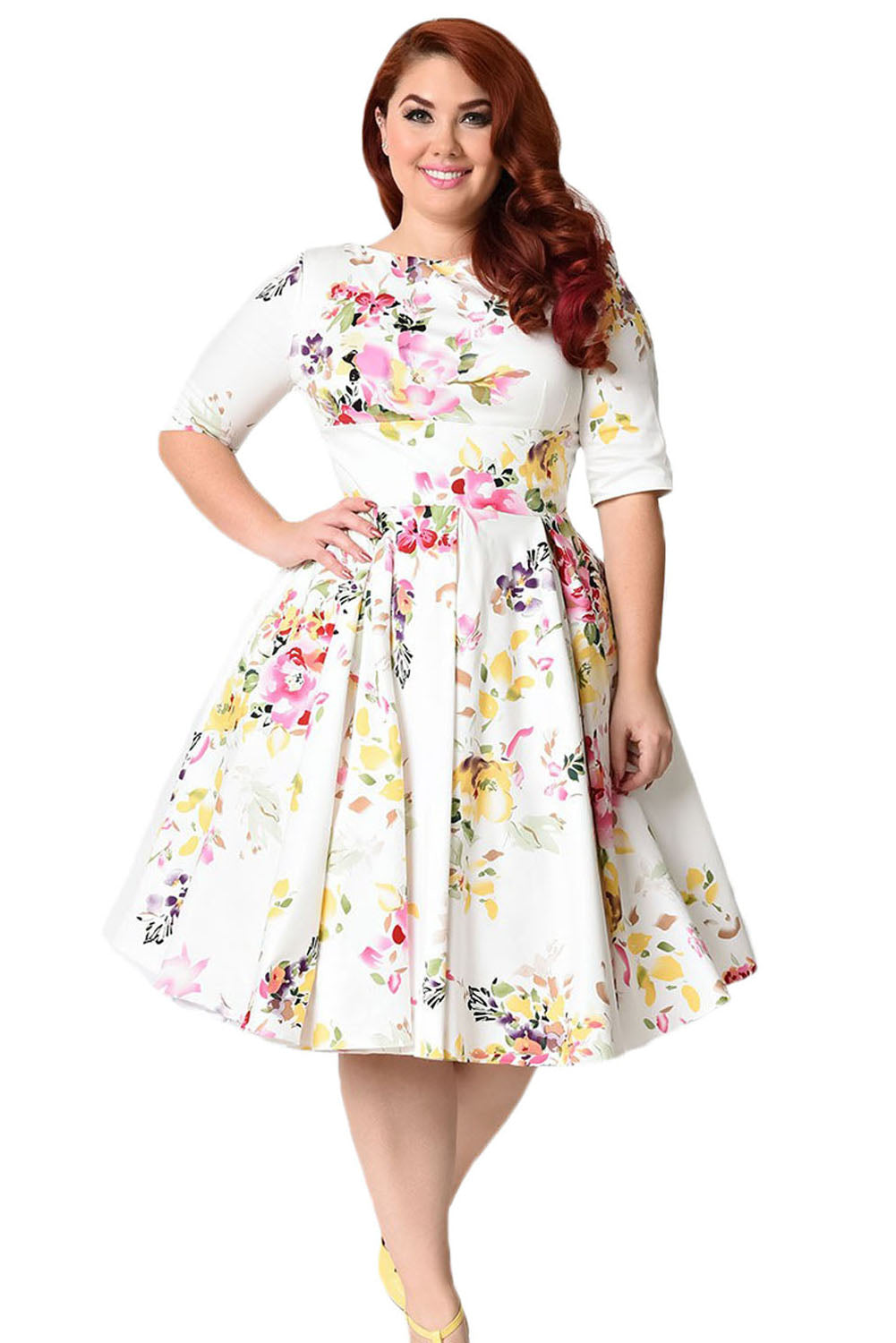 White Vintage Style Floral Half Sleeve Swing Dress