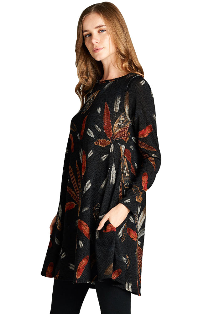Black Feather Graphic Pocket Tunic Dress