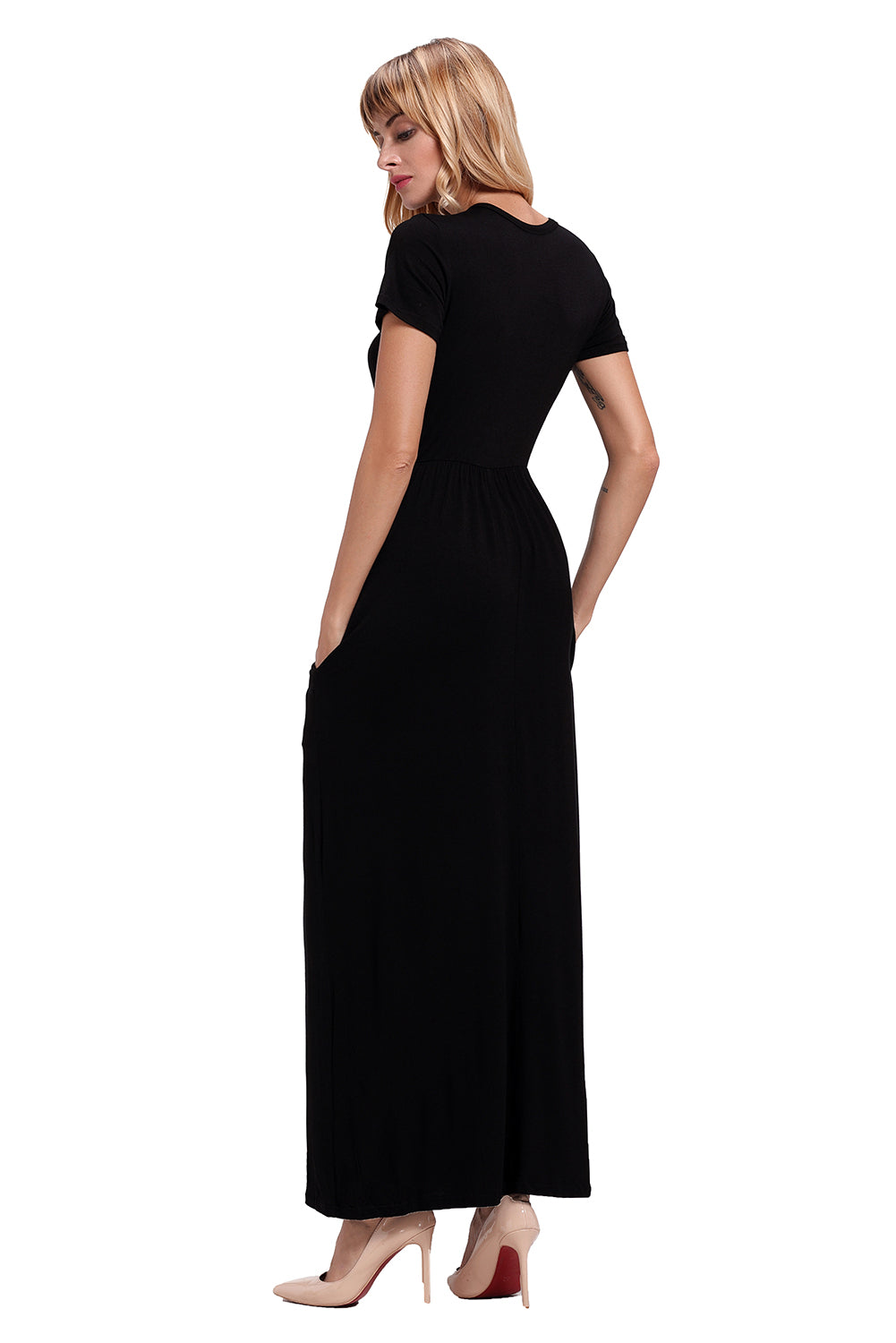 Black Short Sleeve Ruched Waist Maxi Dress