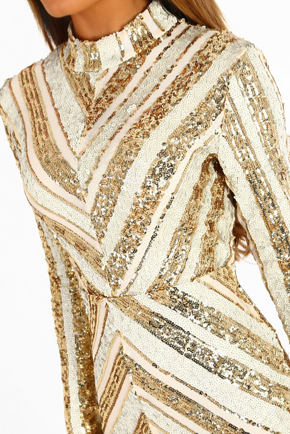 Life Of The Party Gold And Nude Sequin Long Sleeve Mini Dress